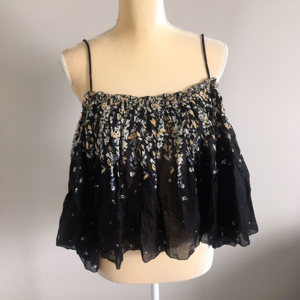 Free People Women’s Black Floral-Print Swing Tank Cami Top Size Medium M^